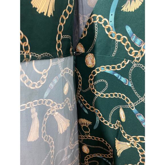 Neiman Marcus Green Chain-Print Wrap V-Neck Midi Dress Small Flutter Sleeve Belt - Picture 3 of 11